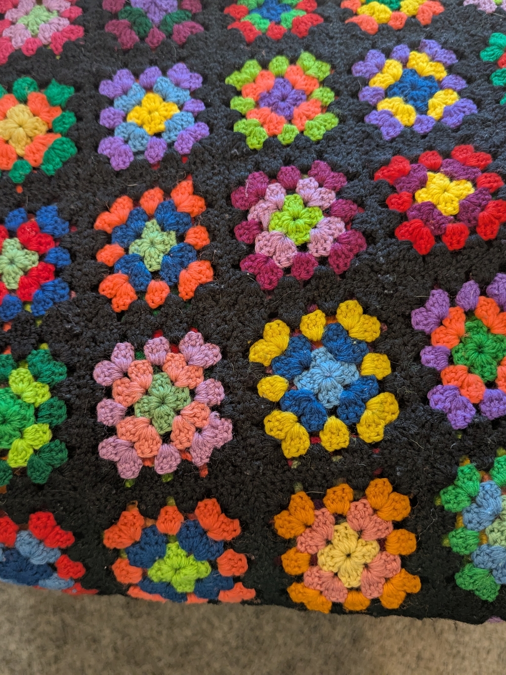 Hand made Granny Square Crochet Blanket - Black with Multicolor Flowers. Retro